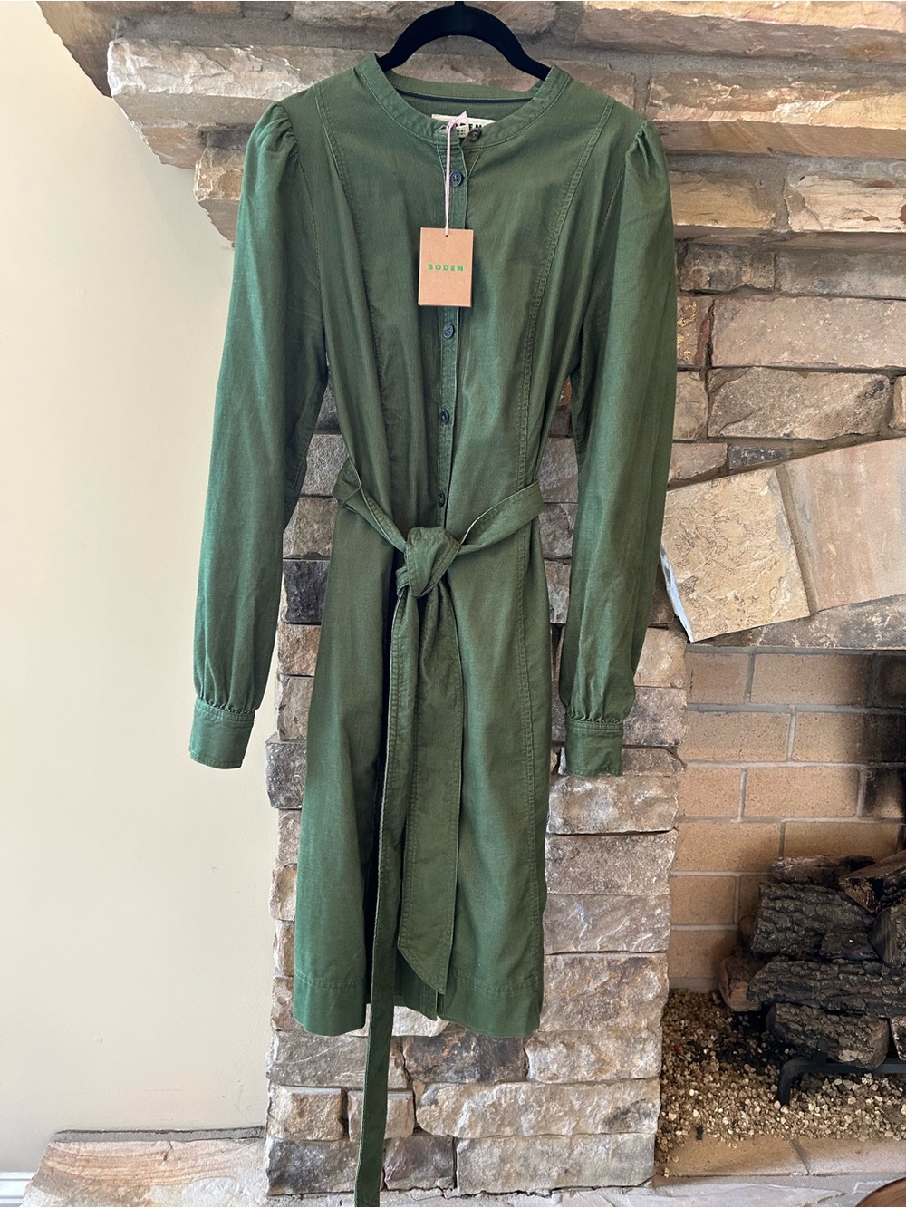 Boden Olive Green Long-Sleeve Button Dress with Tie Belt
